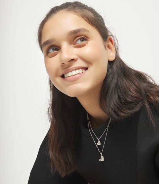 Double necklace with two hearts, Silver, large