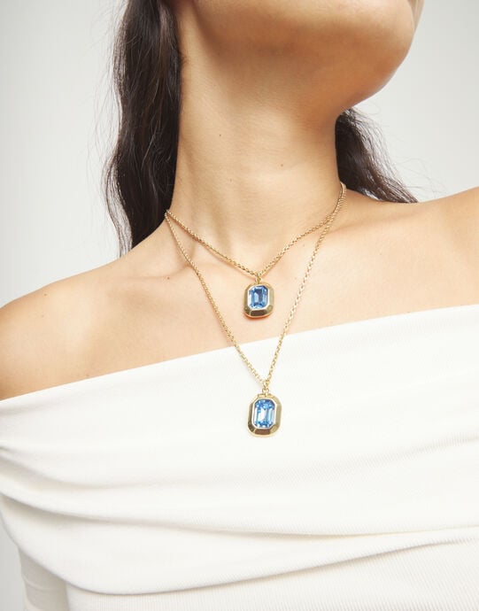 Double necklace with two rectangular faceted crystals, Golden, large