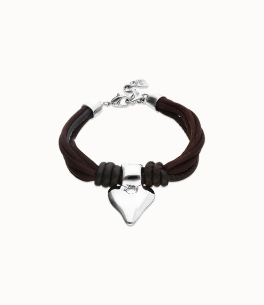 Bracelet en fil de soie et cuir marron avec c&oelig;ur plaqu&eacute; argent