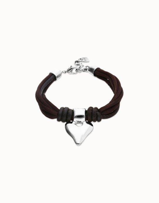 Bracelet in silk thread and brown leather with heart