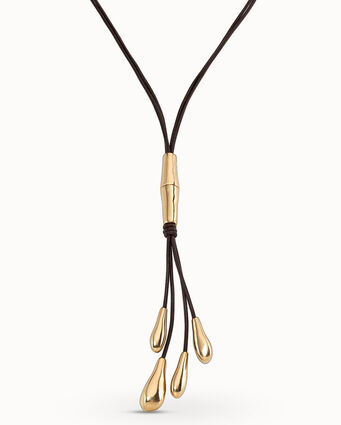 18K gold-plated long leather whip necklace with 2 tubules and 4 fringes with drops