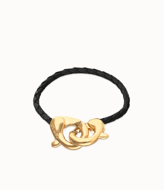 Pulsera de cuero negro con mosquetón entrelazado