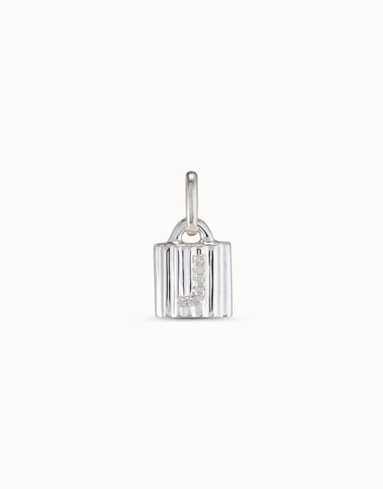 Charm candado ba&ntilde;ado en plata de ley con letra de topacios J