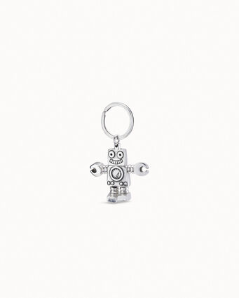 Sterling silver-plated engraved robot and logo key-ring