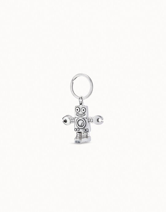 Porte-cl&eacute;s plaqu&eacute; argent en forme de robot et logo