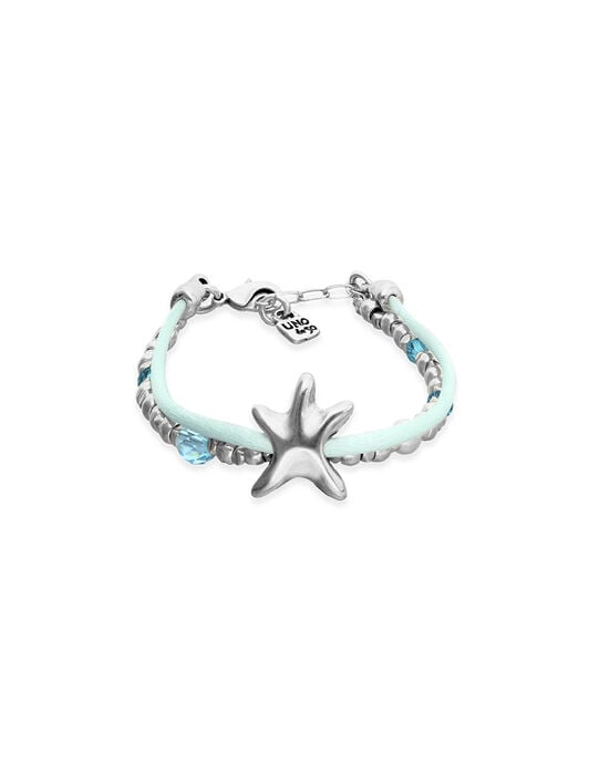 Pulsera de hilo de seda color turquesa ba&ntilde;ada en plata con estrella de mar