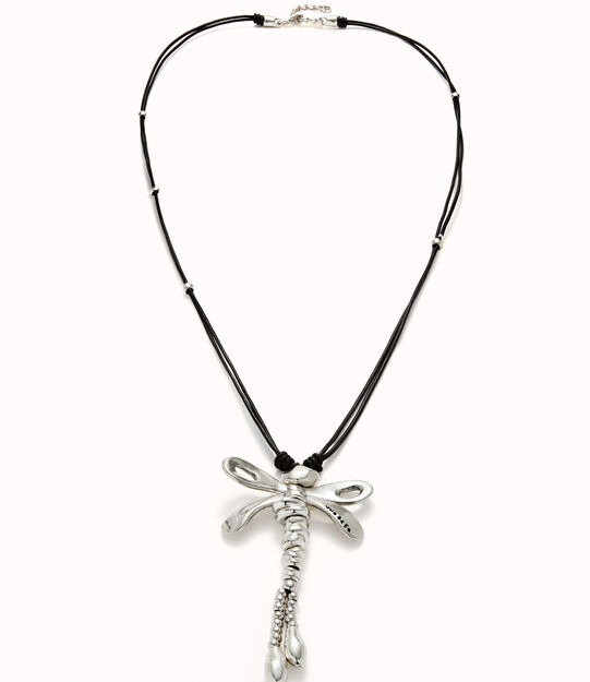 Collana lunga di cuoio con libellula centrale placcata argento sterling