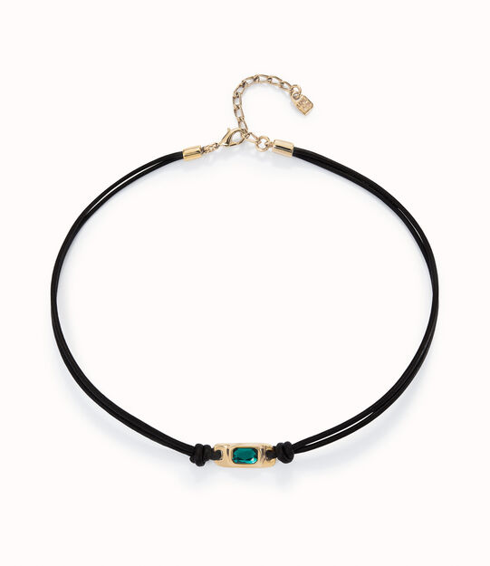 18K gold-plated leather necklace with gray crystal