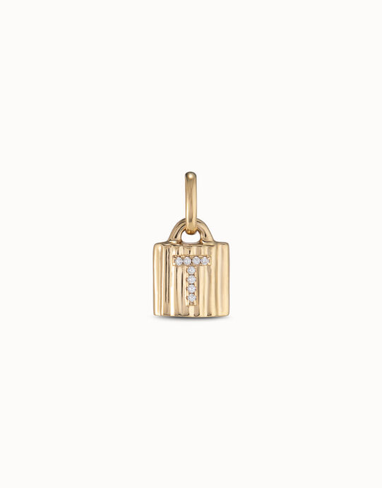 Charm candado ba&ntilde;ado en oro de 18K ley con letra de topacios T
