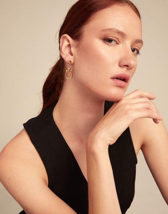 Drop earrings with medium sized link, Golden, large
