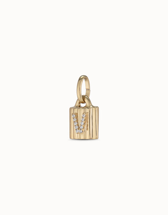 Charm candado ba&ntilde;ado en oro de 18K ley con letra de topacios V, Dorado, large