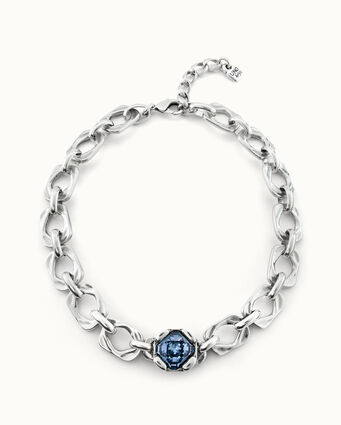 Collier plaqué argent avec cristal central bleu