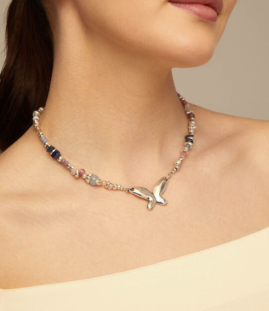 Short beaded necklace with butterfly, Silver, large