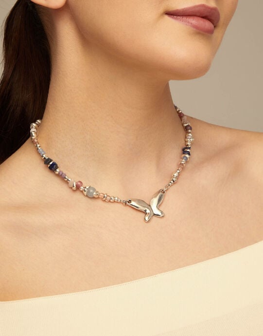 Short beaded necklace with butterfly, Silver, large