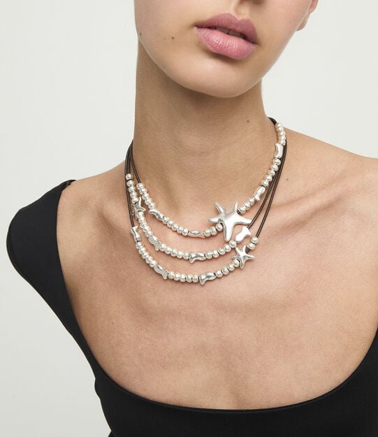 Multi-strand leather necklace with starfish, Silver, large