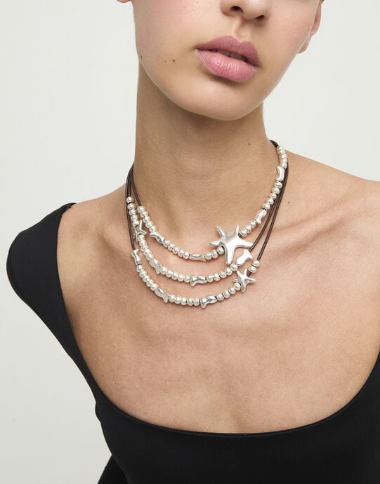 Multi-strand leather necklace with starfish, Silver, large