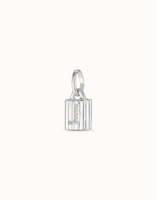 Charm candado ba&ntilde;ado en plata de ley con letra de topacios J, Plateado, large