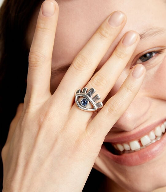 Eye-shaped ring with faceted blue crystal, Silver, large