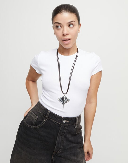 Long leather necklace pendant with manta ray, Silver, large