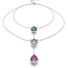 Double necklace with three drop-shaped pendants featuring multicoloured faceted crystals