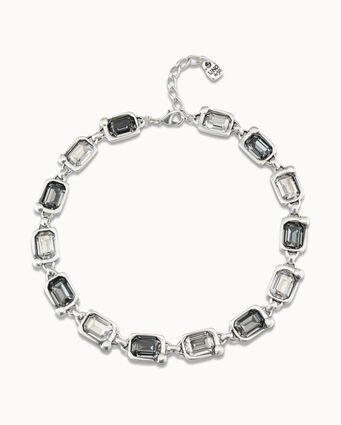 Sterling silver-plated short necklace with case links with greenish gray and light gray crystals