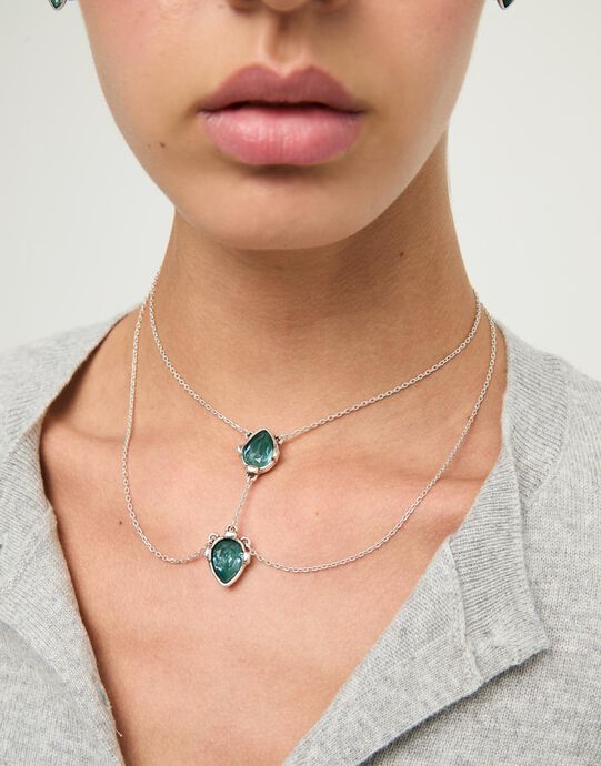 Double necklace with two drop-shaped pendants featuring blue faceted crystals, Silver, large