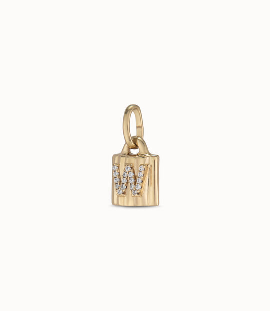 18K gold-plated padlock charm with topaz letter W, Golden, large