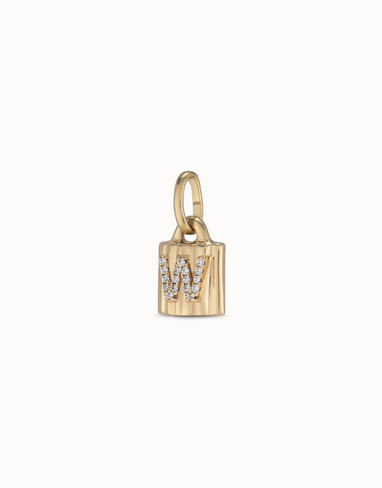 Charm candado ba&ntilde;ado en oro de 18K ley con letra de topacios W, Dorado, large