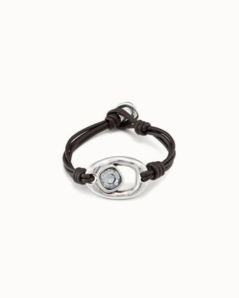 Pulsera 4 tiras de cuero con óvalo bañado en plata de ley y cristal