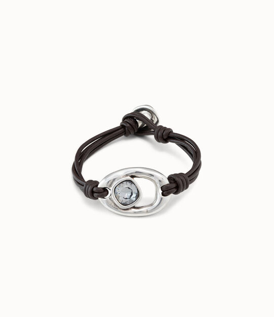 Bracciale 4 strisce di cuoio con ovale placcato argento Sterling e cristallo