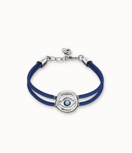 Pulsera doble de cuero azul con ojo bañado en plata de ley