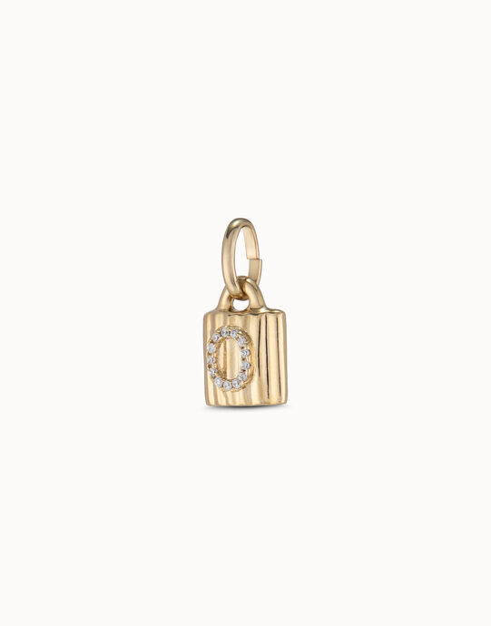 Charm candado ba&ntilde;ado en oro de 18K ley con letra de topacios O, Dorado, large