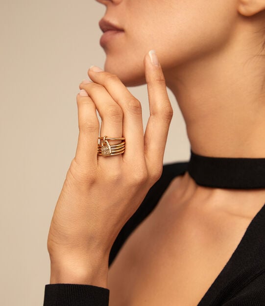 Multi row ring with a charm, Golden, large
