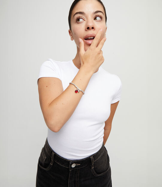 Beaded bracelet with red murano glass, Silver, large