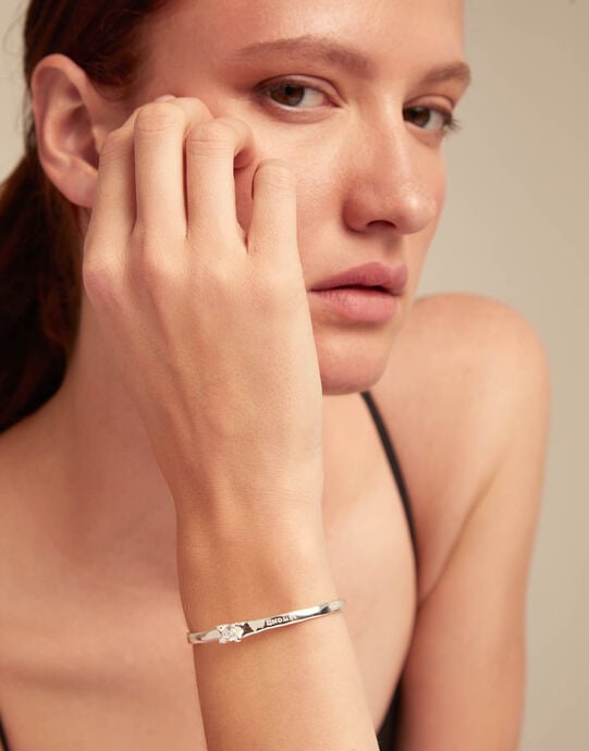 Cuff bracelet with blue cubic zirconia, Silver, large