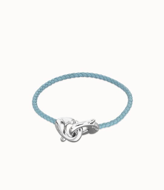 Pulsera de cuero azul con mosquetón entrelazado en plata