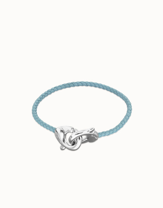 Pulsera de cuero azul con mosquet&oacute;n entrelazado en plata