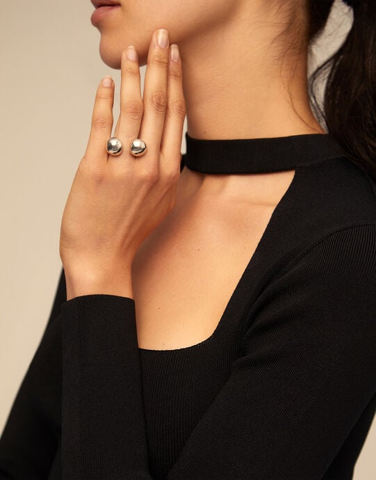 Open ring with two beads, Silver, large