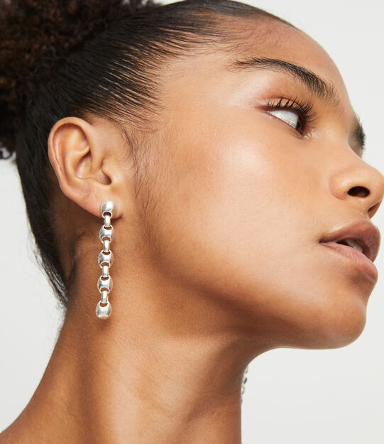 Long sterling silver-plated earrings with bead shaped links