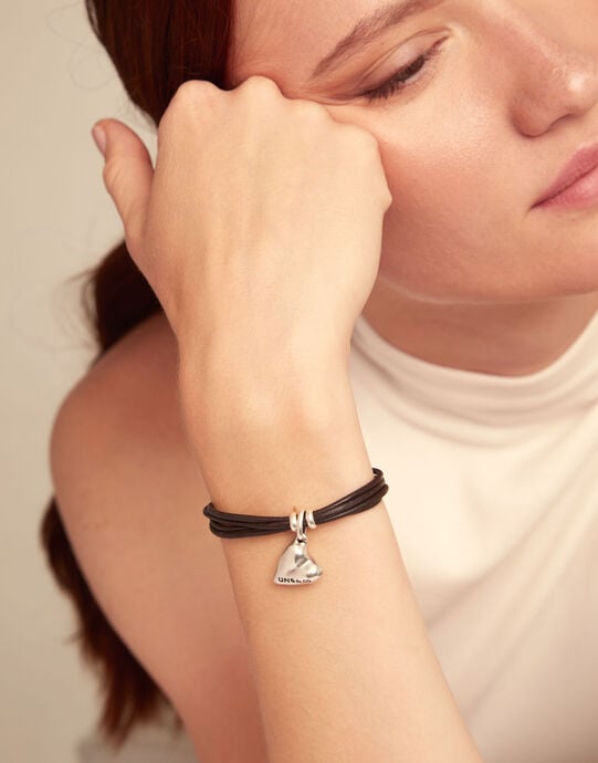 Leather bracelet with a heart charm, Silver, large