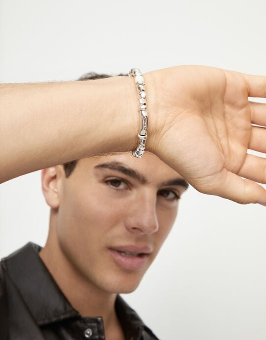 Beaded bracelet with silver and ivory beads, Silver, large