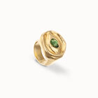 Eye-shaped signet ring with faceted green crystal