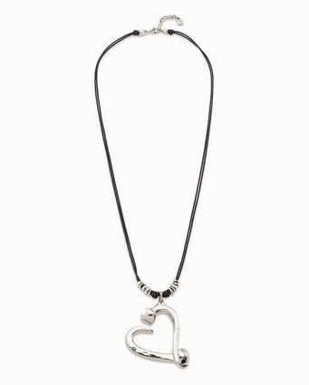 Collier plaqué argent avec 2 lanières en cuir et cœur