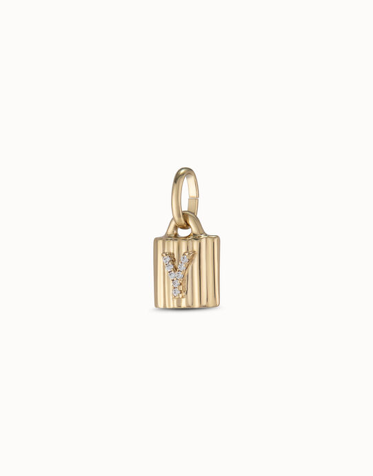 Charm candado ba&ntilde;ado en oro de 18K ley con letra de topacios Y, Dorado, large