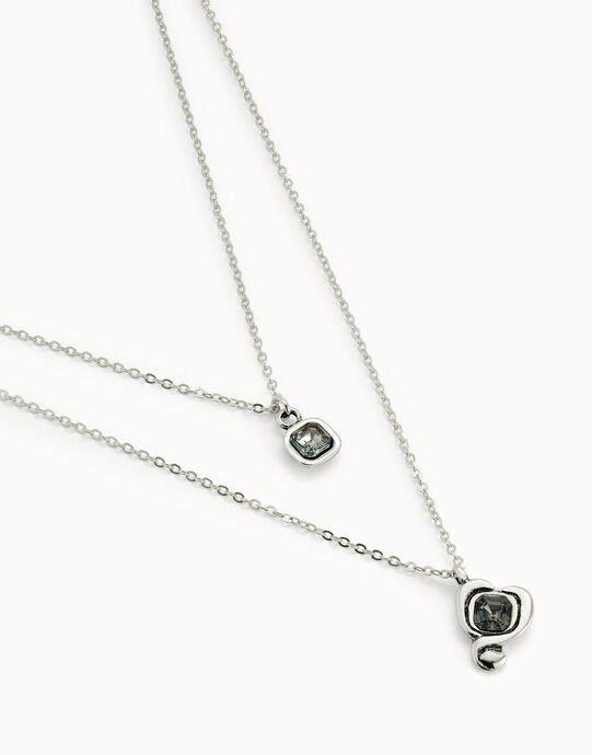 Colgante ba&ntilde;ado en plata de ley con doble cadena y corazones con cristal negro