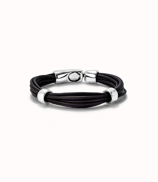 Pulsera cuero con 2 circunferencias bañadas en plata de ley