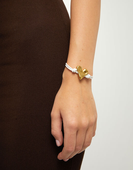 White leather bracelet with heart detail, Golden, large
