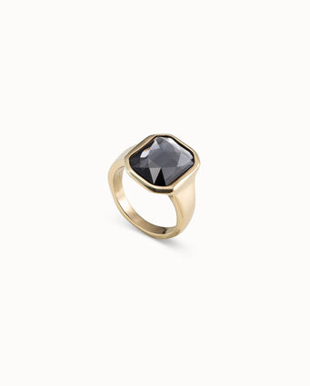 18K gold-plated ring with central hexagonal case and dark gray crystal
