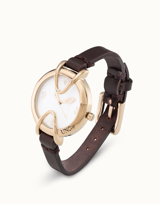 Armbanduhr, 18 Karat vergoldet, mit schwarzem Lederarmband und wei&szlig;em Zifferblatt, Gold, large