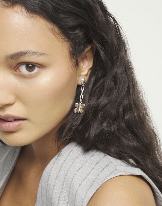 Drop earrings with a butterfly-shaped ornament, Silver, large